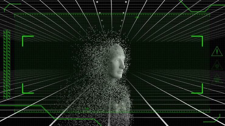Animation of human bust formed with grey particles with digital screen
