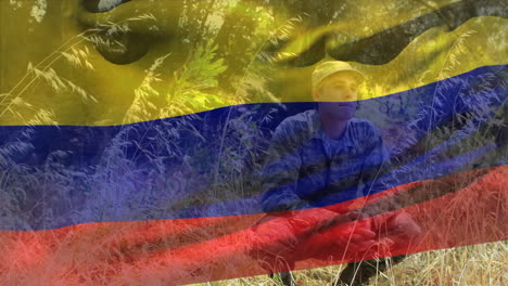 animación de la bandera de colombia sobre un soldado caucásico agachado