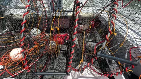 trampas para cangrejos y cebo en un barco de pesca