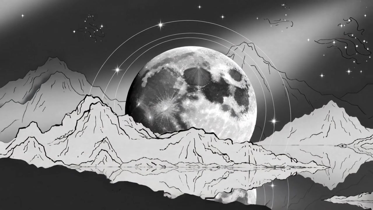 Luna fotorealistica che fa capolino da dietro un crinale stilizzato a linea, rivelando anelli luminosi e il riflesso nel lago di notte.
