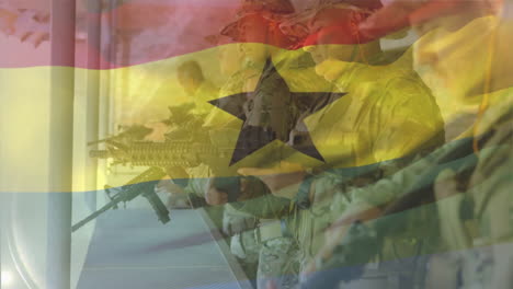 animation of flag of ghana over diverse soldiers shooting