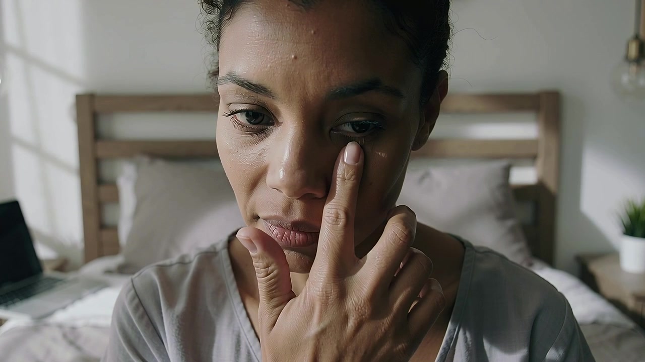 Opening eyes and pressing finger under right eye, woman in grey top tending skin beside laptop