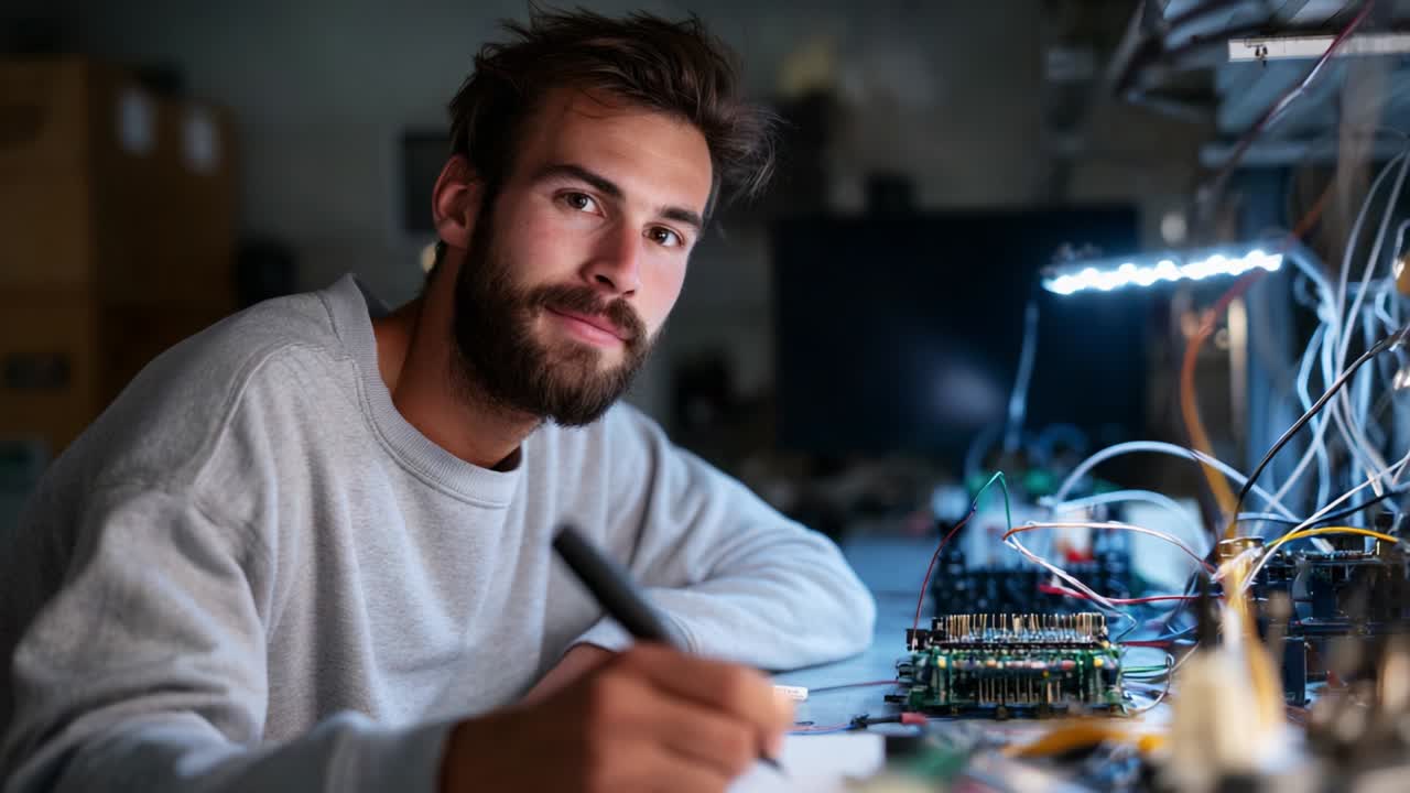 Focused Technician Working on Electronic Components with Circuit Boards and Tools in a Dimly Lit Workspace, Showcasing the Intricate Details of Modern Technology and Engaging in Problem-Solving Tasks