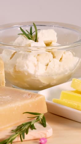 various dairy items arranged on a white background