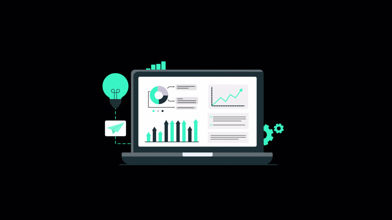 Animated Laptop Displaying Data Analysis Charts and Graphs