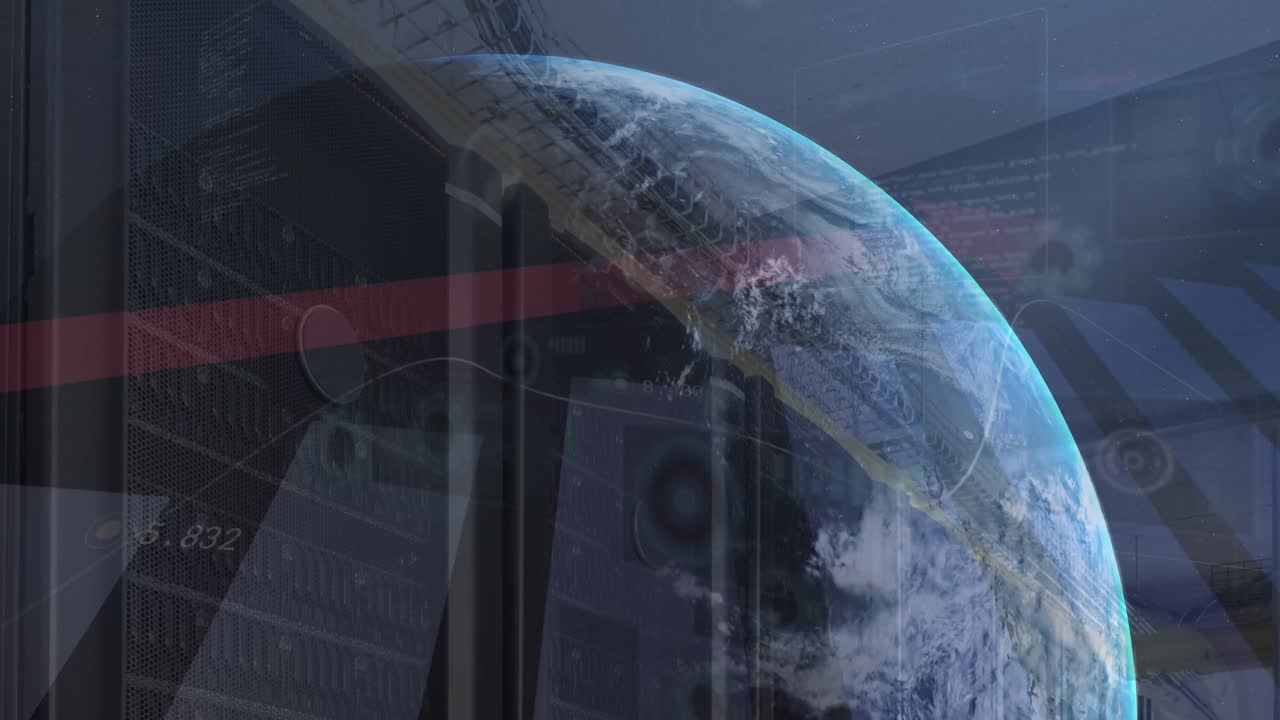 animación del procesamiento de datos estadísticos en todo el mundo contra la sala de servidores de computadoras.