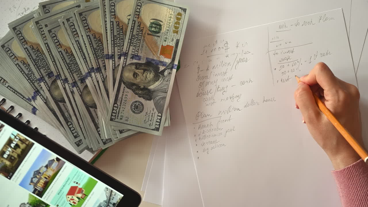 A woman writes calculations in a notebook while holding a tablet, surrounded by sheets of paper and dollar bills
