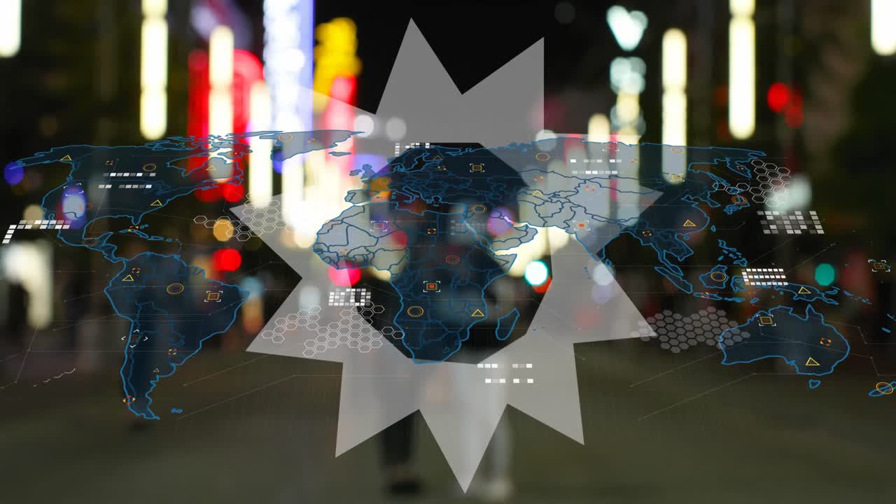 도시 풍경 위의 모양과 세계 지도의 애니메이션