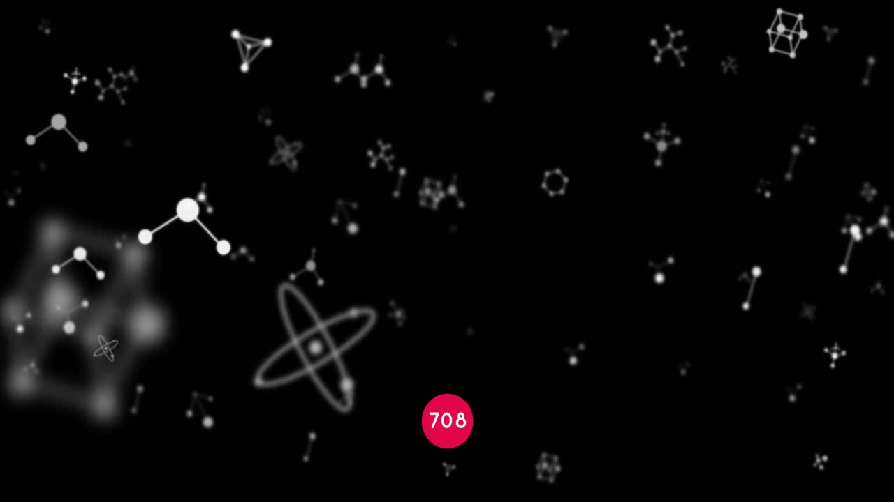 números crecientes en la bandera roja redonda sobre las estructuras moleculares flotando contra un fondo negro