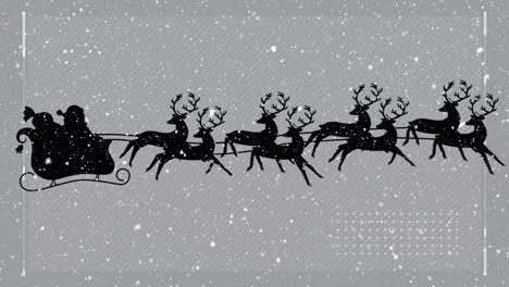 animatie van de kerstman in een slee met rendieren over sneeuw die op een grijze achtergrond valt