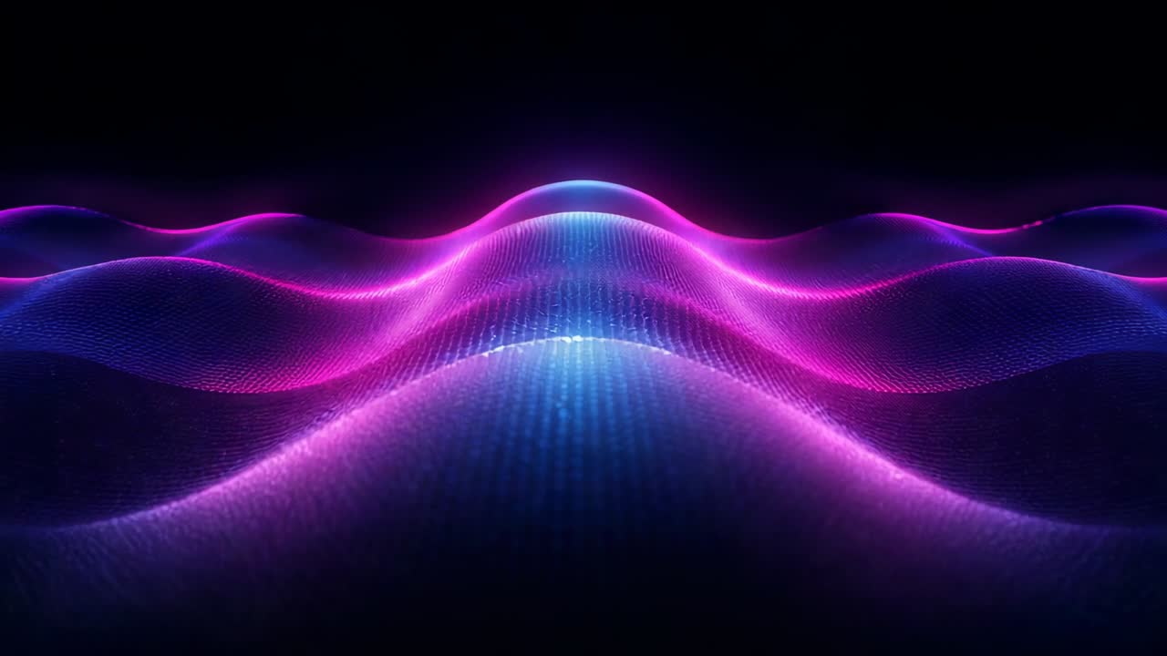 Forming glowing bulge, neon grid rippling in virtual space, displaying rhythmic pink and blue waves