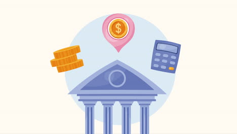 bank building with money symbols animation