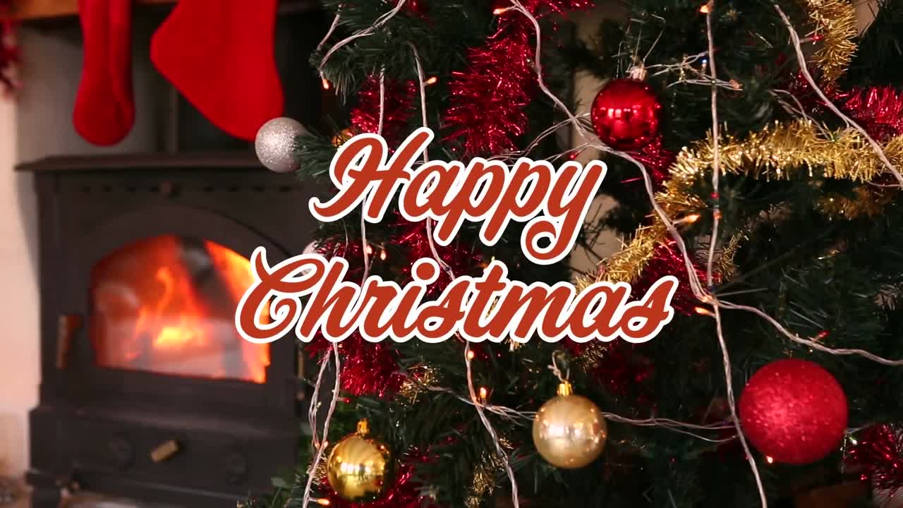 Animation of season's greetings text over fireplace and christmas tree