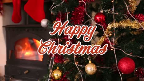 Animation-of-season's-greetings-text-over-fireplace-and-christmas-tree