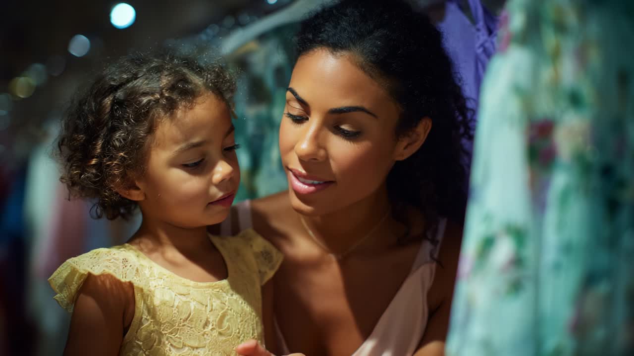 A heartwarming moment captured between a mother and her daughter, showcasing a tender interaction while exploring colorful clothing together in a shop filled with vibrant fabrics and textures