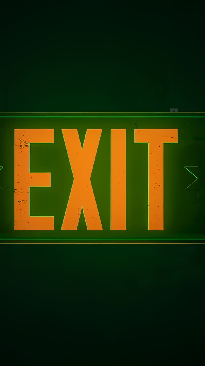 Vertical video: Pulling back camera revealing EXIT sign, exposing scuffs, frame, teal wall wash