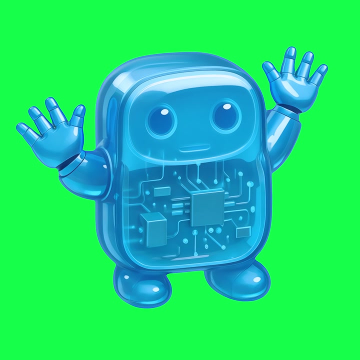Simpatico personaggio robotico blu traslucido che saluta su green screen