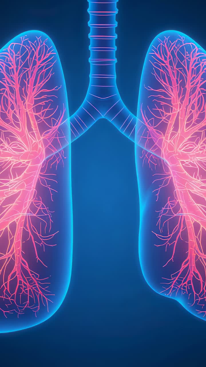 Vertical video: Central pulse causing lungs with pink vessels glowing in diagram showing breathing