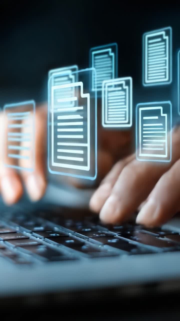 A Close-Up Perspective of Hands Typing on a Laptop Keyboard with Floating Digital Documents Representing Data Management and Technology Interaction