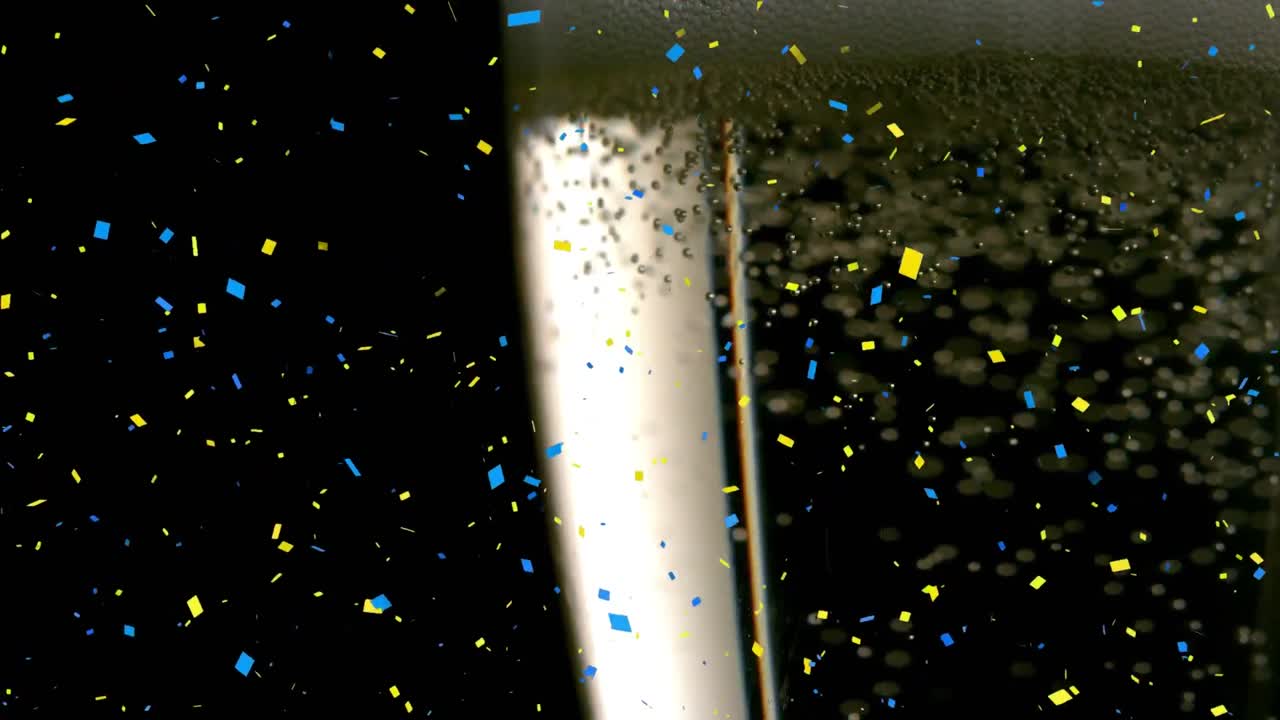 Animation de confettis tombant et d'un verre de champagne sur fond noir