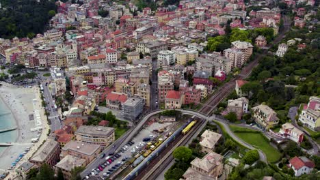 santa margherita ligure city and railway traffic, aerial drone view