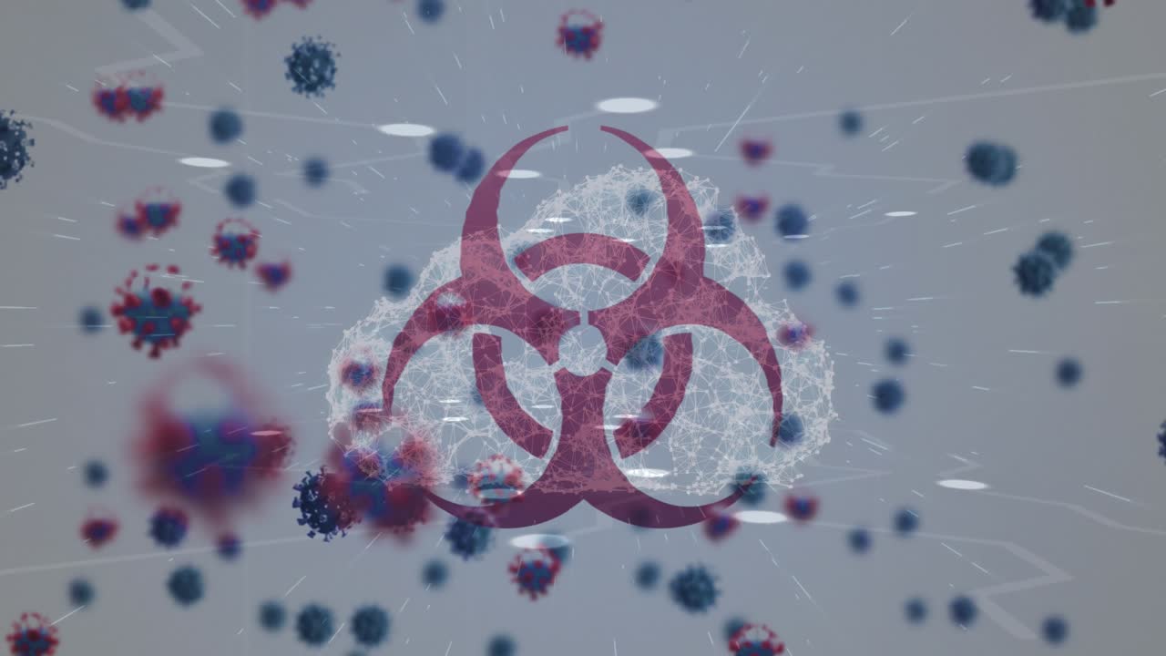 Animation of virus cells over biohazard and digital cloud