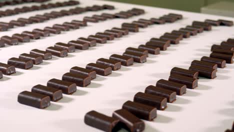 wide angle view on ready candies on production line at factory.