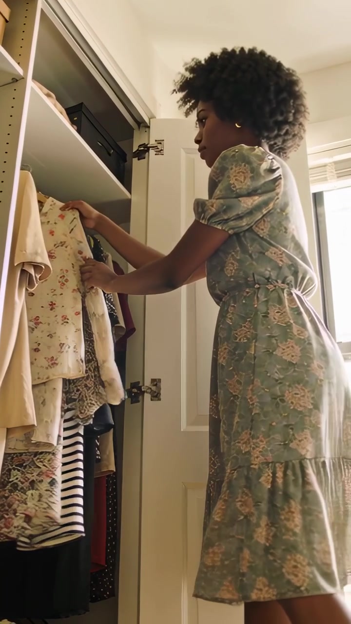 Vídeo vertical: Abrindo o armário, mulher de vestido verde em casa escolhendo roupa, segurando uma blusa no cabide.