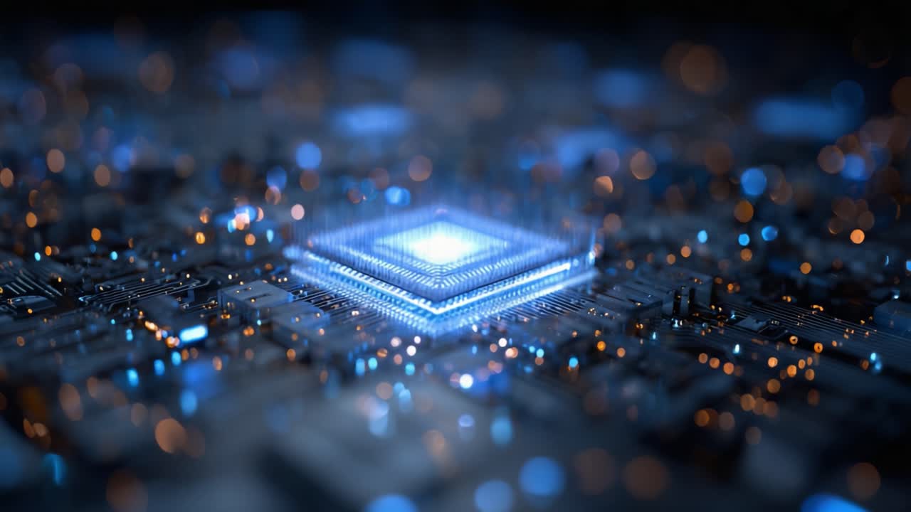 Advanced central processor unit glowing with blue and orange light while processing data on a complex futuristic circuit board, representing the core of modern information technology and innovation