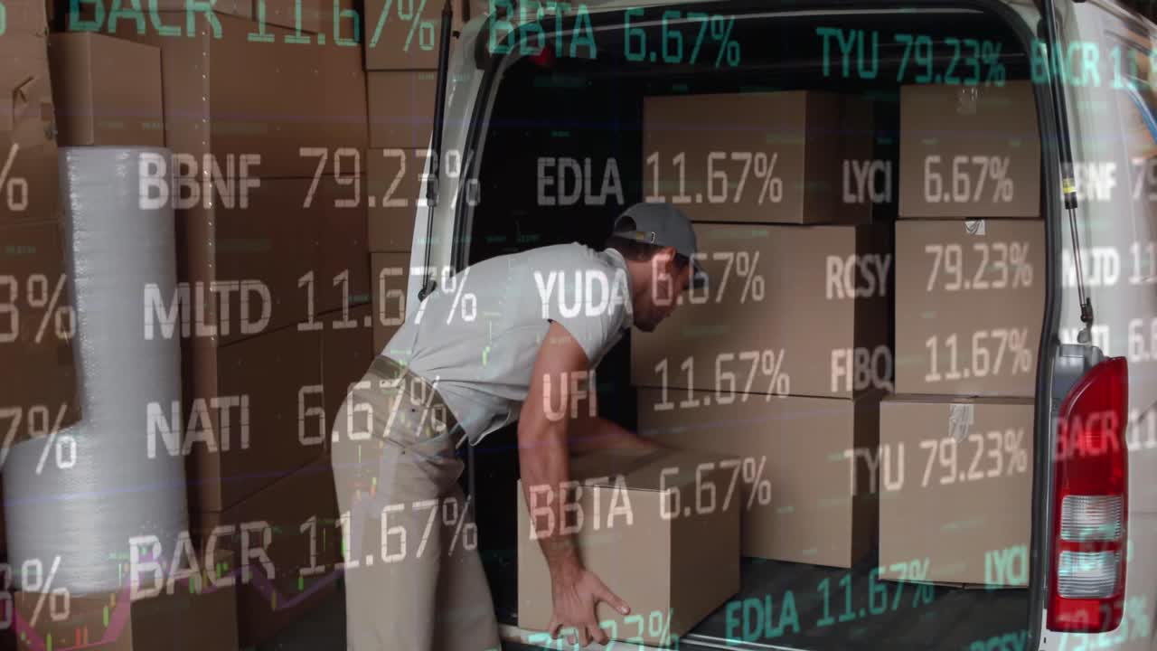 자동차에 상자를 포장하는 사람 위의 데이터 처리 애니메이션