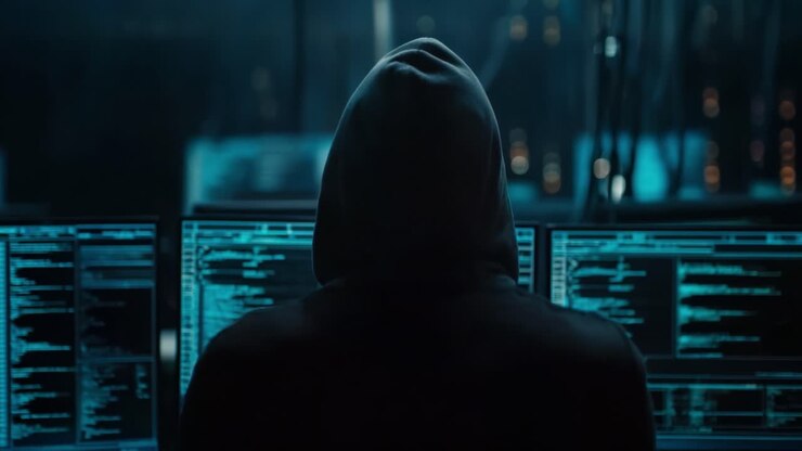 Una figura in ombra con una felpa con cappuccio siede davanti a più schermi luminosi, immersa in un mare di codice e dati digitali, incarnando il misterioso mondo dell'hacking e della tecnologia