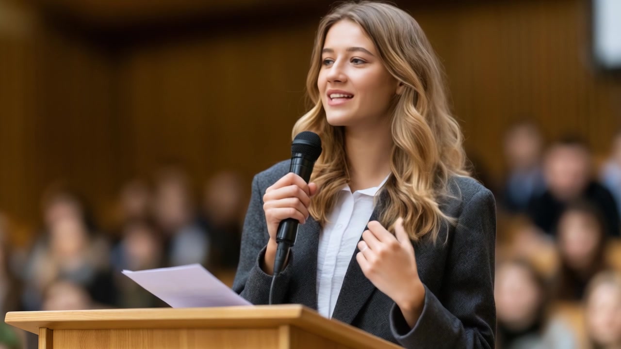 A Confident Young Woman Enthusiastically Addresses an Audience with a Speech, Radiating Positivity and Charm as She Captivates the Crowd