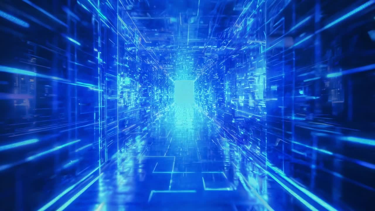 Futuristic video concept of a glowing digital corridor with a vanishing point perspective