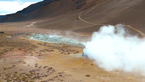 aerial view over thermal volcanic hot springs, steam coming out of the ground in iceland