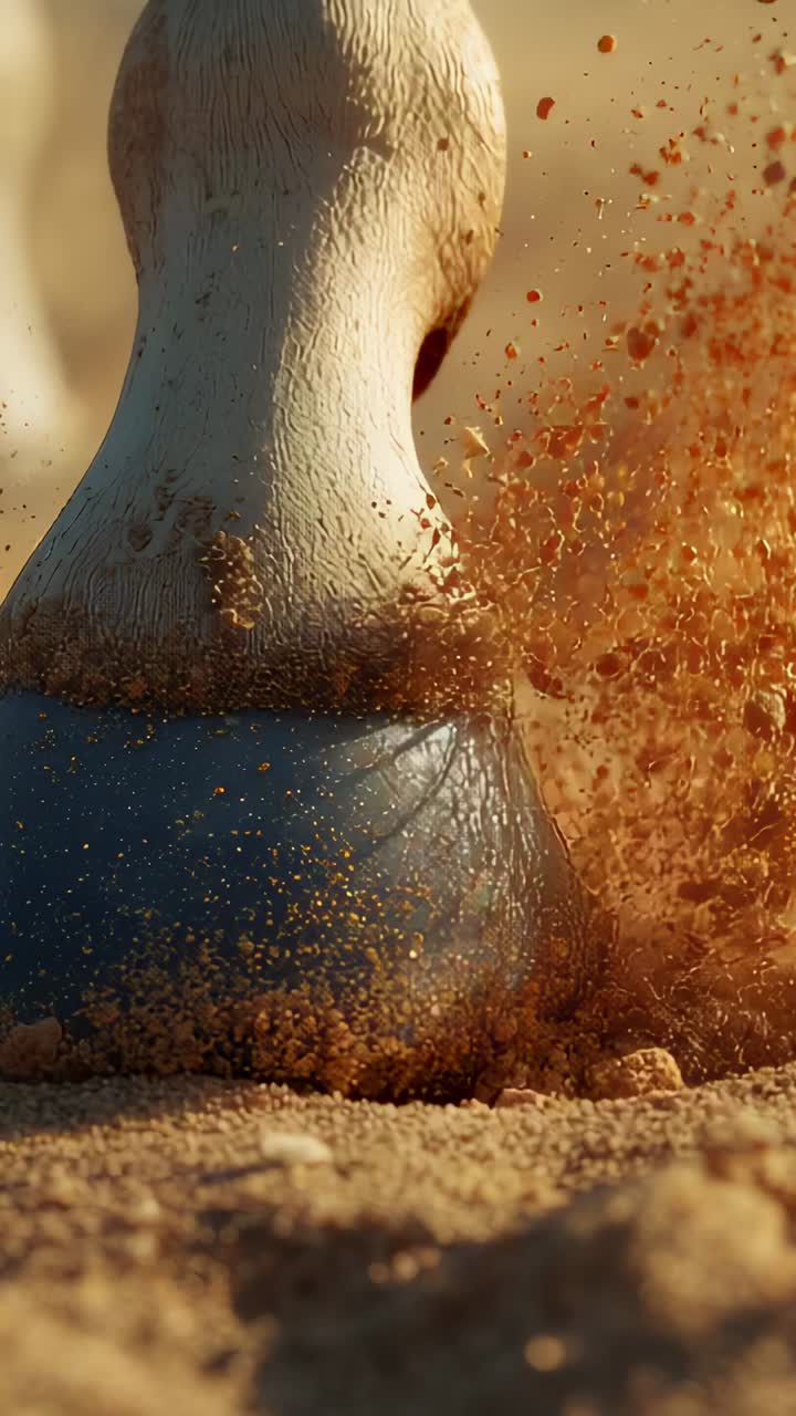 Vertical video: Descending horse leg and hoof hitting sand while walking, spraying granules right