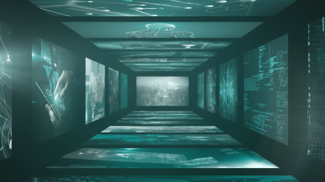 연결 네트워크와 스크린에서 디지털 데이터 처리를 가진 스크린의 애니메이션