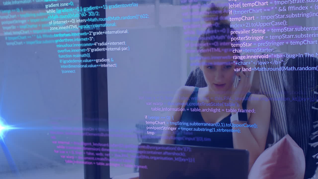 Working on laptop, woman with animation code overlay on glass window