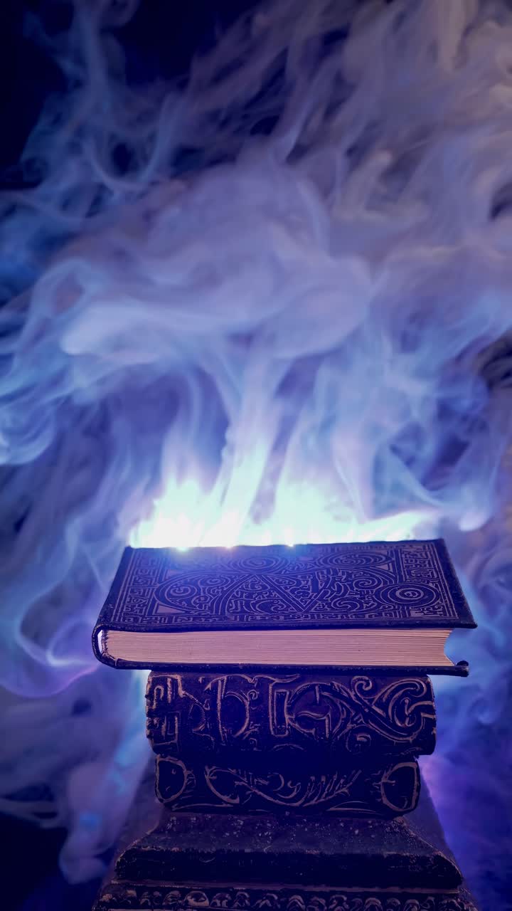 Sebuah buku mistis memancarkan api biru dan asap, ditangkap dari sudut rendah