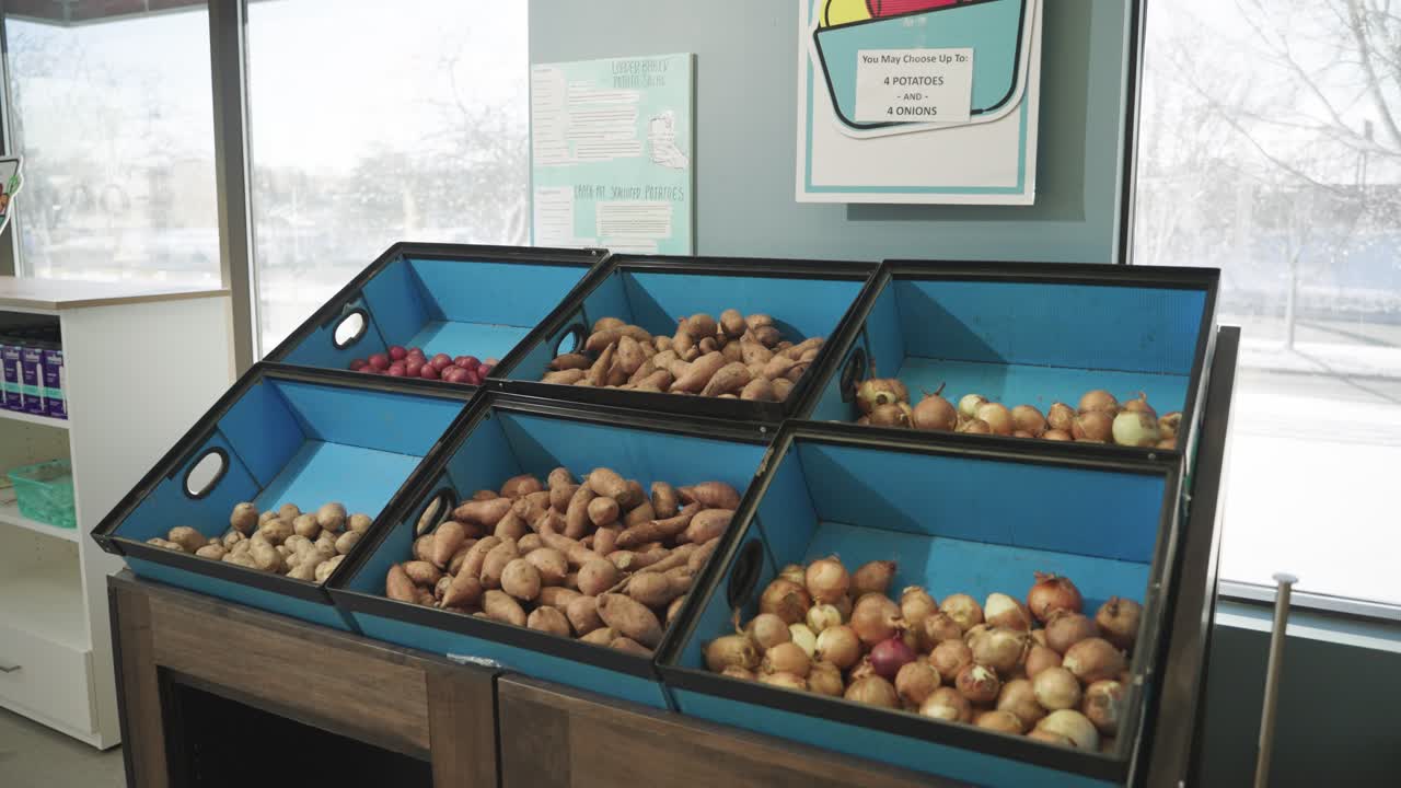 Pan shot of ever day vegetables in food racks at a grocery store in Minnesota, USA.
