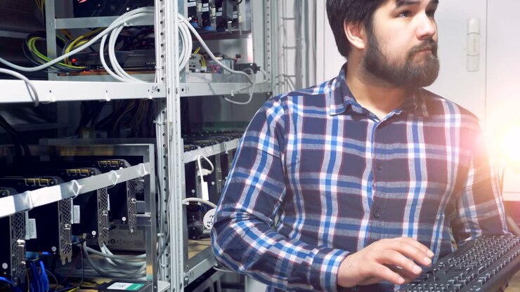 IT engineer working in cryptocurrency mining factory. Industrial mining farm for bitcoin and cryptocurrency money.