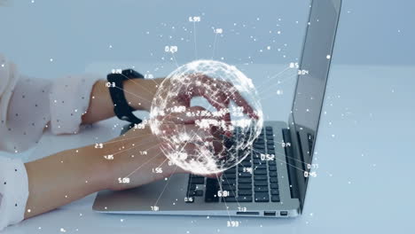 typing on laptop, person surrounded by digital network connections animation