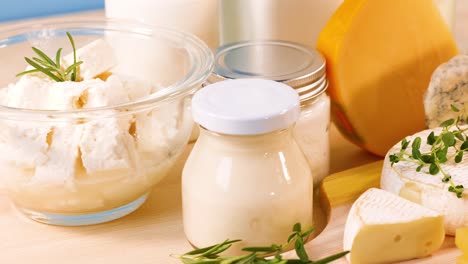 various dairy items arranged on a blue background