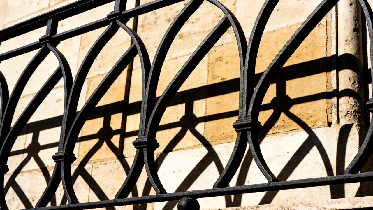 Shifting camera framing black iron railing at stone facade, centering finial to show shadow motifs