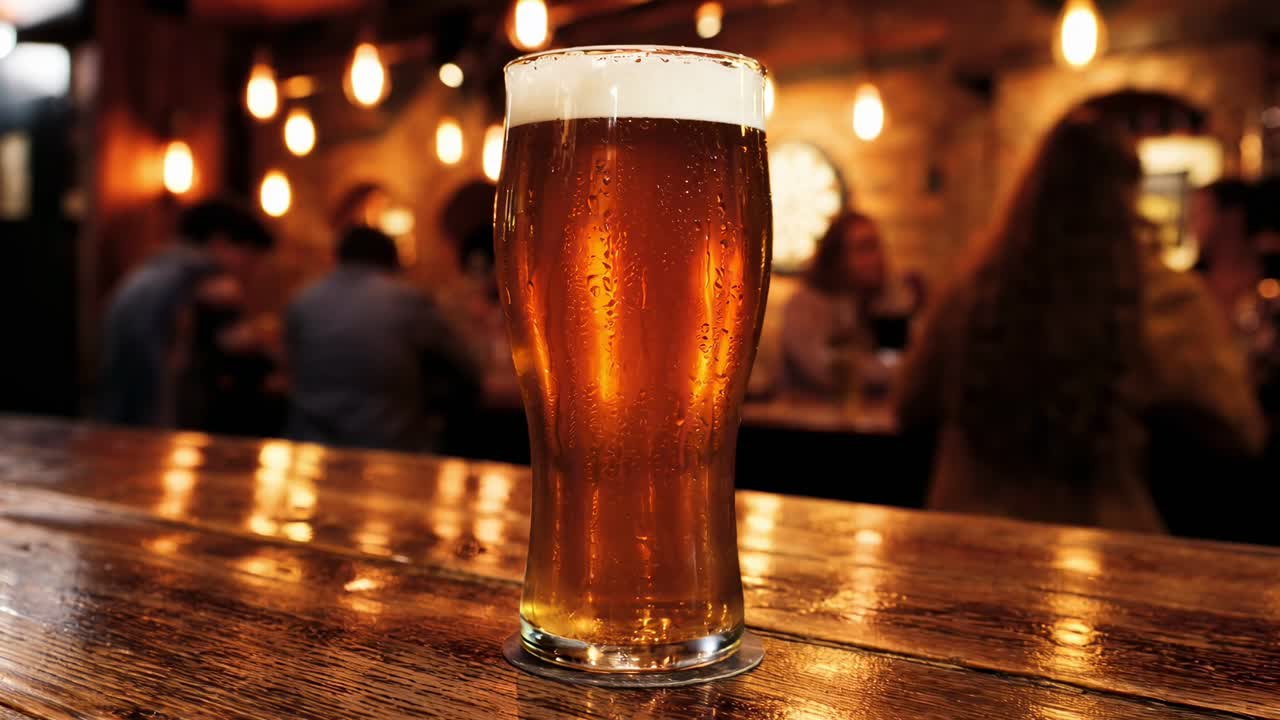 Primo piano video di un bicchiere di birra schiumoso su un bancone rustico, con illuminazione ambientale calda