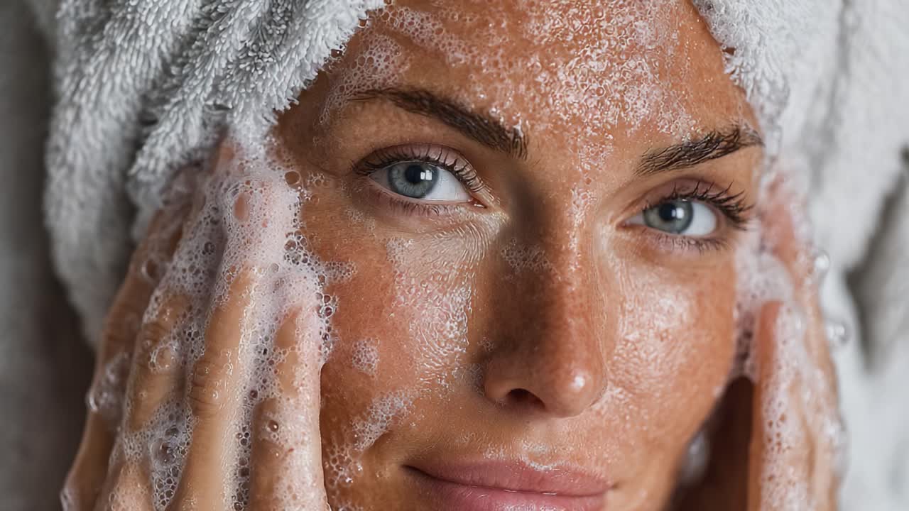 A Close-Up Journey of Skin Cleansing: A Young Woman Enjoys a Refreshing Facial Cleanser, Showcasing Bubbles and Radiant Skin in a Serene Atmosphere
