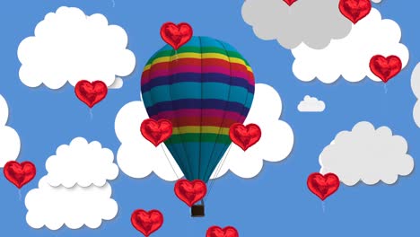 múltiples globos en forma de corazón flotando contra un globo de aire caliente en el cielo azul