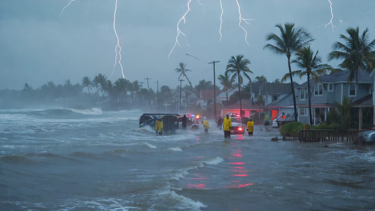 Flooding Aftermath with Rescue Team and Lightning