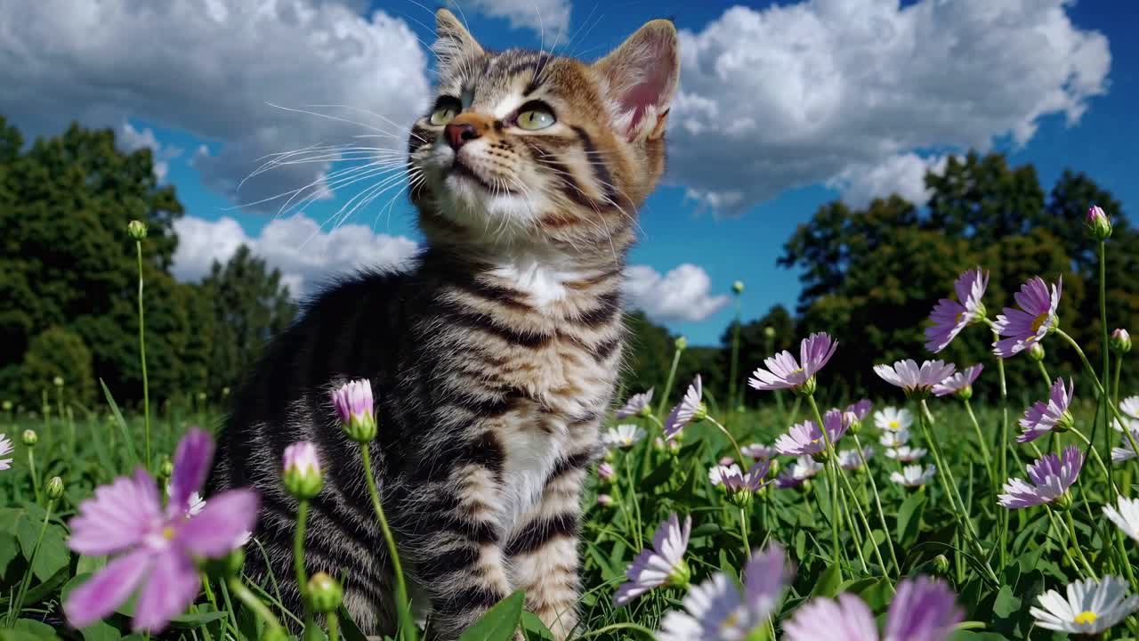 Low-angle video shot of a tabby kitten in a field of daisies, set against a vibrant blue sky