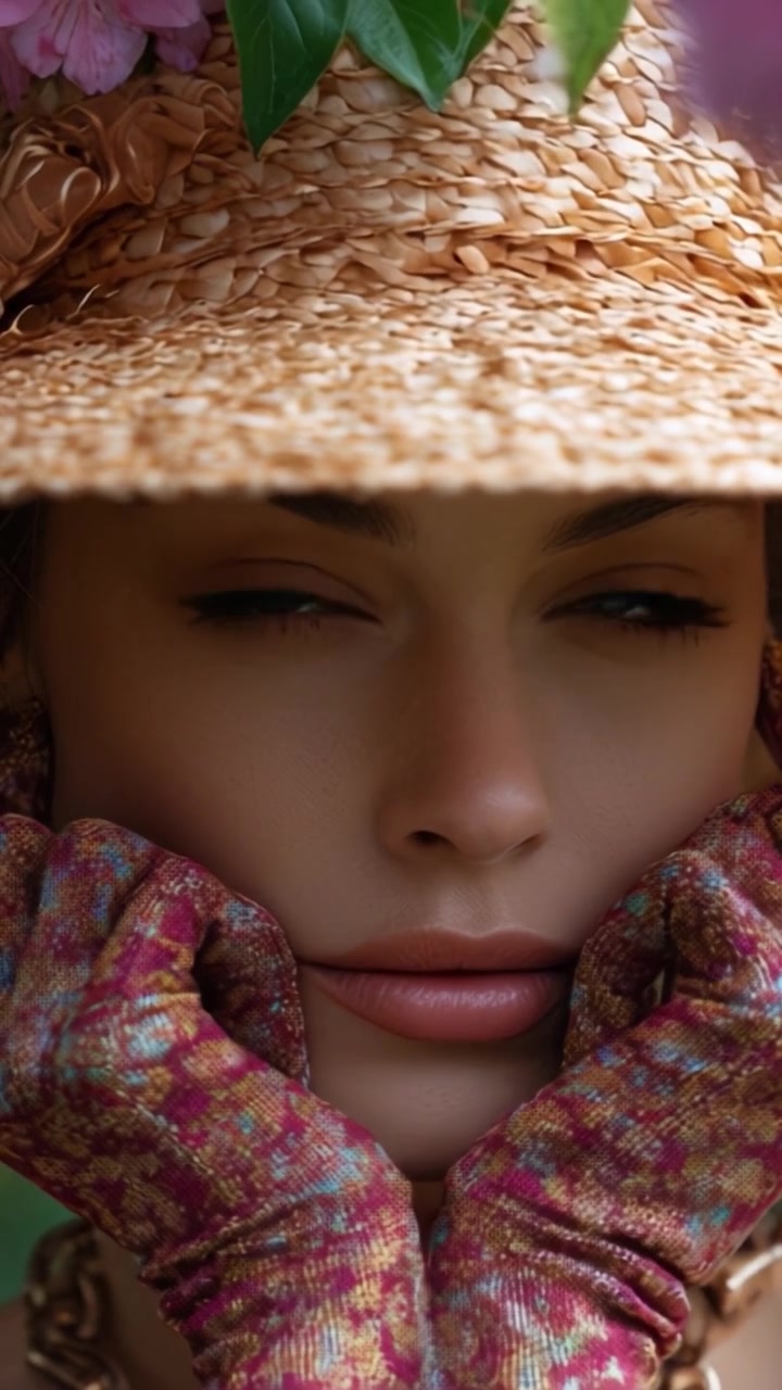 Un ritratto ravvicinato di una bella donna con un cappello di paglia e guanti colorati, circondata da flora vivace, che cattura la sua espressione composta con grazia elegante.