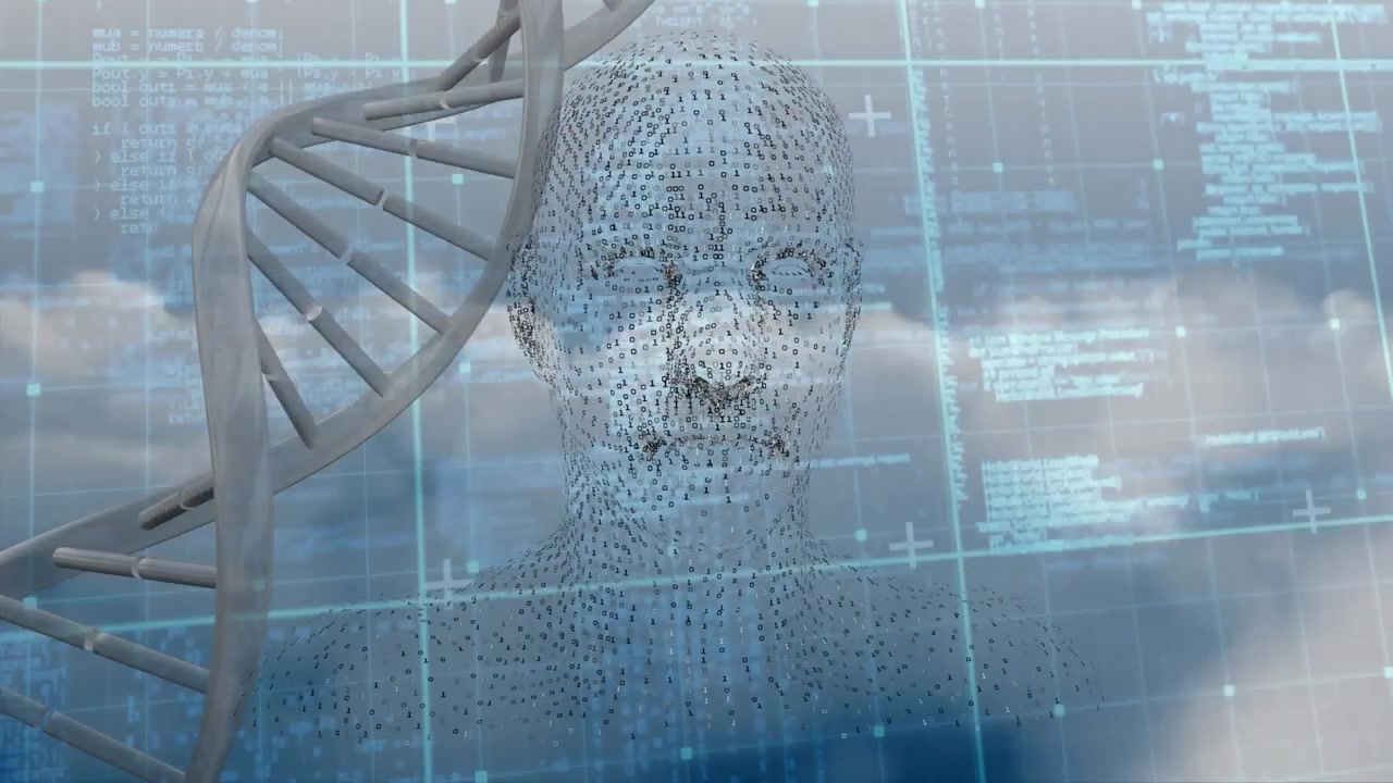 Animation af DNA-streng over databehandling